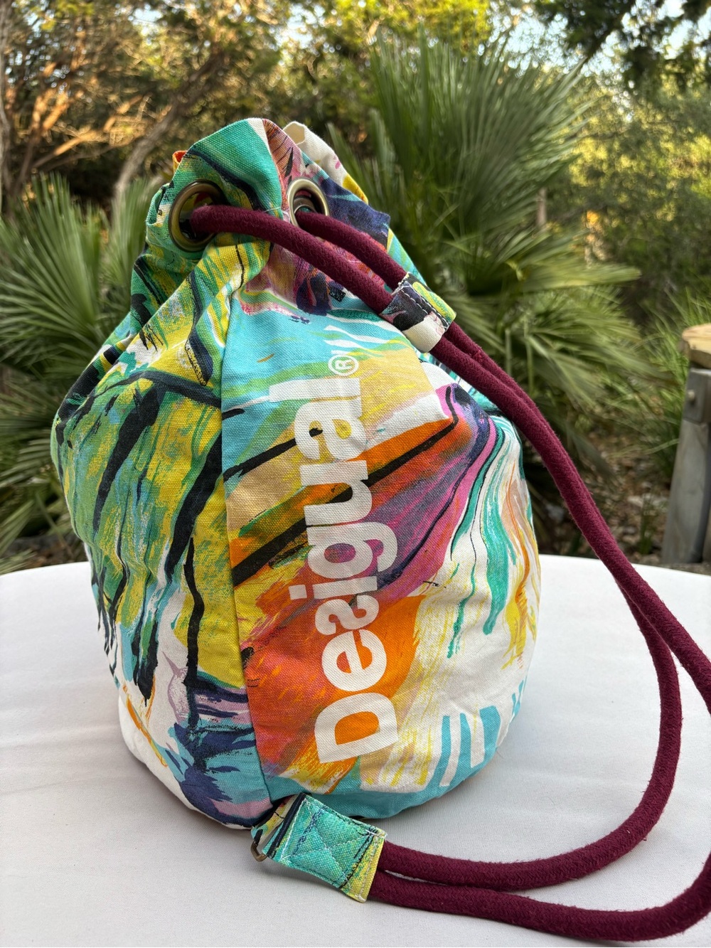 Desigual Multicolor Canvas Drawstring Backpack with Maroon Rope